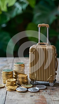 Piled gold coins next to luggage model, representing travel budgeting