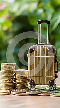 Piled gold coins next to luggage model, representing travel budgeting