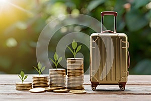 Piled gold coins next to luggage model, representing travel budgeting