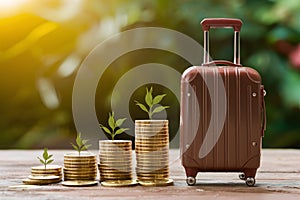 Piled gold coins next to luggage model, representing travel budgeting