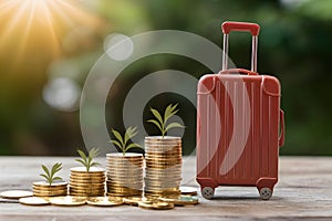 Piled gold coins next to luggage model, representing travel budgeting