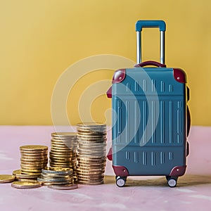 Piled gold coins next to luggage model, representing travel budgeting