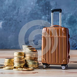 Piled gold coins next to luggage model, representing travel budgeting