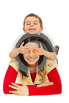 Piled mother and son having fun photo