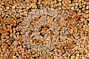 Piled split forest wood logs renewable heat energy