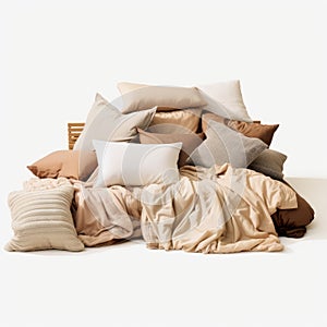 Piled Up Bed With Pillows And Duvet Covers - Earth Tones