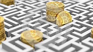 Piles of Bitcoin in the maze. Difficult and unknown future ahead cryptocurrencies. 3D rendering