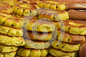 Piles of bread displayed in Old City of Jerusalem, Israel