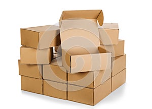 Piles of cardboard boxes on a white background
