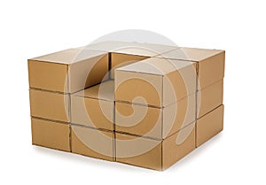 Piles of cardboard boxes on a white background