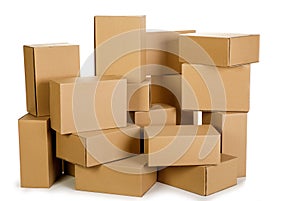 Piles of cardboard boxes on a white background