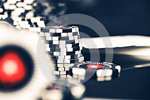 Piles Of Casino Poker Chips On Table