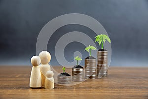 Piles of coins are stacked in a graph shape with family symbol and sapling of a growing tree