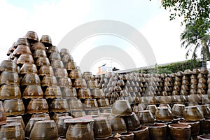 Piles of crockery flowerpots in Ratchaburi, Thailand.