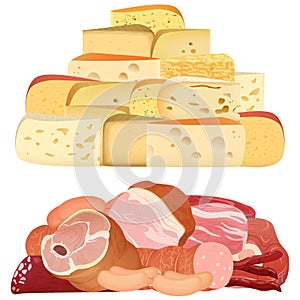 Piles of different realistic delicacy cheeses and appetizing meat on white.