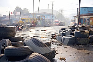 piles of discarded tires in a deserted junkyard