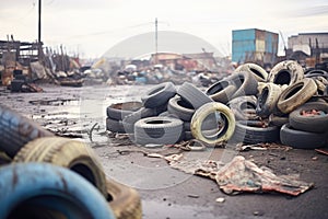 piles of discarded tires in a deserted junkyard