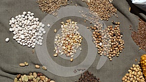 Piles of dried beans and grain