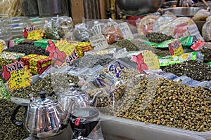 Piles of dried flower tea on sale in market.Yaowarat,Thailand culture market.