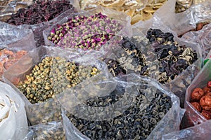 Piles of dried flower tea on sale in market.Yaowarat,Thailand culture market.