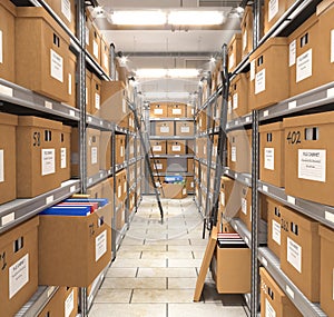 Piles of files and documents are placed on metal shelves with folders and documents in a cardboard box,