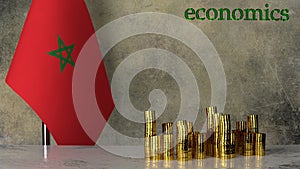 Piles of gold coins on a marble table against the background of the flag of Morocco.