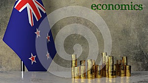 Piles of gold coins on a marble table against the background of the flag of New Zealand.