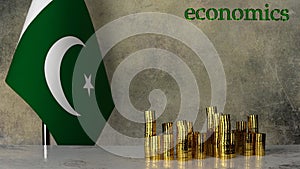 Piles of gold coins on a marble table against the background of the flag of Pakistan.