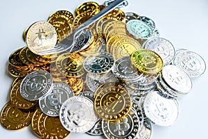 Among piles of golden and silver bitcoin and blockchain nodes all around . Blockchain transfers virtual cryptocurrency concept