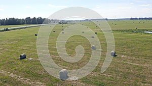 Piles of hay on a farming field, top view.