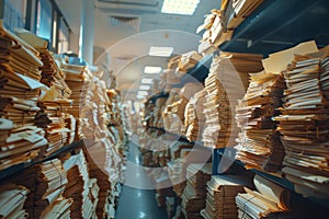 Piles of paper office filled with paperwork full archive file documents stack of folders information outdated old