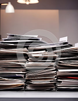 Piles of papers and files on the table in the room