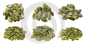 Piles of peeled pumpkin seeds isolated on white, top and side views