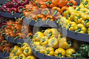 Piles of red, orange, yellow and green peppers