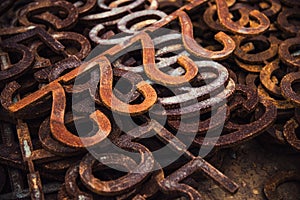 Piles of rusty metal numbers and letters