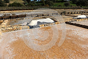 Piles of salt. Roman salt flats of Iptuci in Prado del Rey, Andalusia, Spain