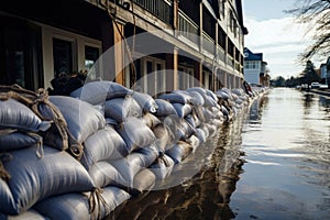 Piles of sandbags on a flooded street during a flood, Flood Protection Sandbags with flooded homes in the background, AI Generated