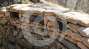 Piles of sandbags installed by army soldiers to defend against enemy attacks during war