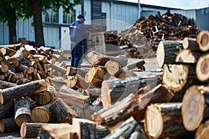 piles of sawn wood with employee performing quality control