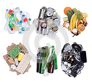 Piles of sorted waste isolated on white background, top view