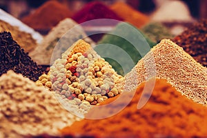 Piles of spices on display at a Moroccan souk market in a medina, generative AI