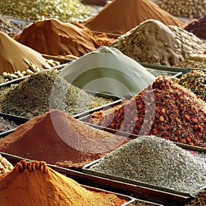 Piles of spices on display at a Moroccan souk market in a medina, generative AI