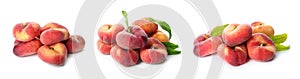 Piles of tasty flat peaches on white background, collage design