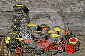 Piles of Toy Tractor Tires and Rims