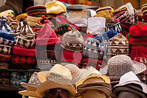 Piles of traditional hats on a market stall, Marrakech, morocco