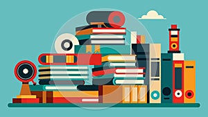 Piles of vintage books and records stacked high as collectors scour for rare finds.. Vector illustration. photo