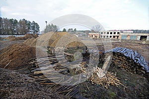 Piles of wood and wood chips which are used by the biggest in Ukraine boiler-house as biofuel. Slavutich, Ukraine