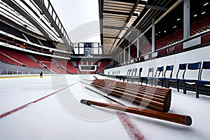 A pileup of discarded broken sticks near the players\' benches, a testament to the fierce competition on the ice