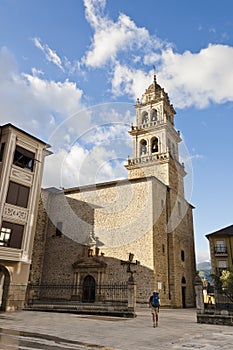 Pilgrim arriving Encina Church in Ponferrada, Bierzo, Spain.