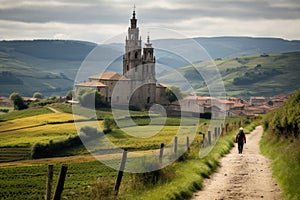 Pilgrim with backpack walking pilgrimage route. Unpaved pilgrim road through small villages, fields and meadows
